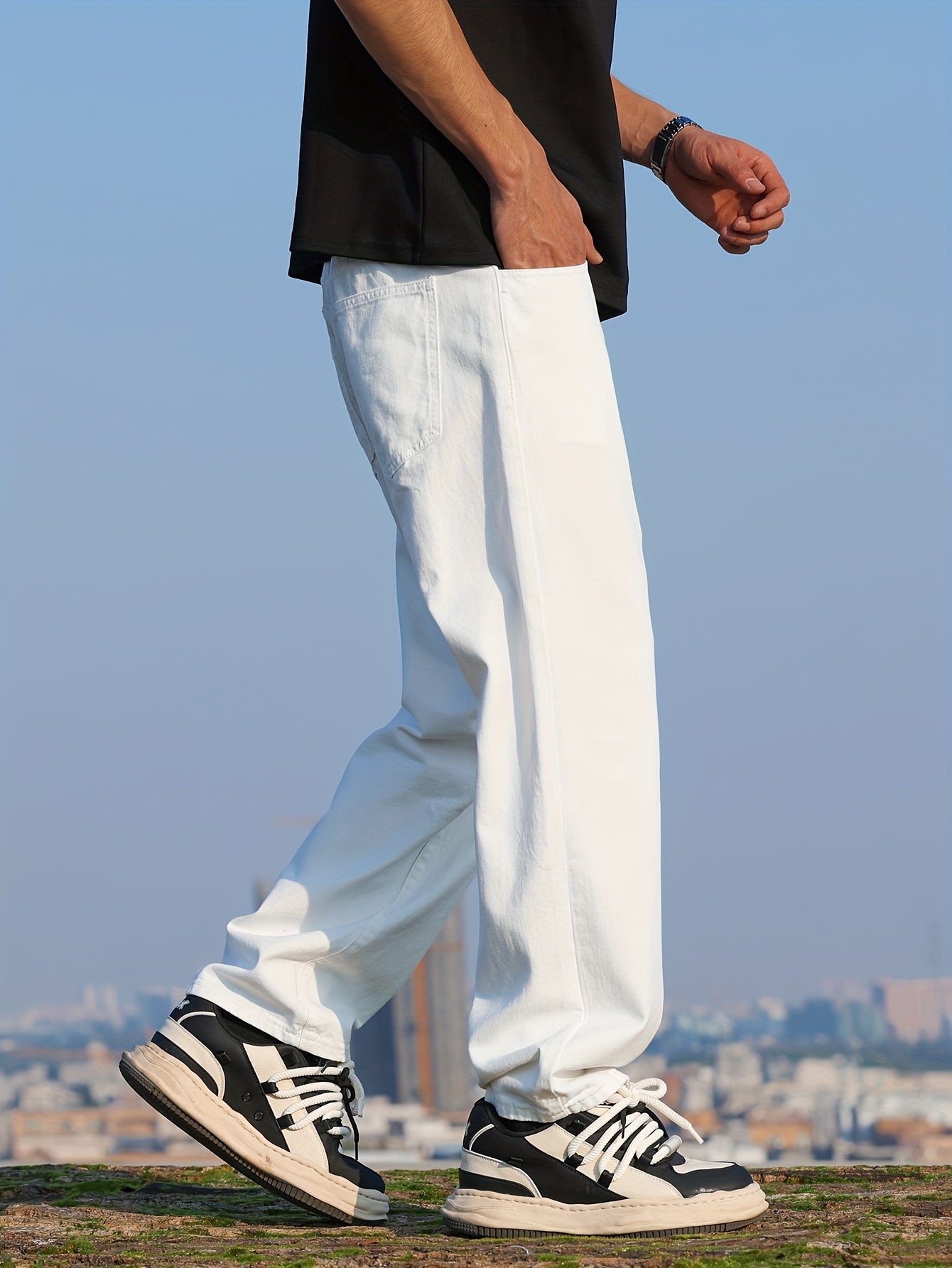 Loose Cotton Blend Men's Solid Wide Leg Pants, Men's Casual Denim Pants, All Seasons