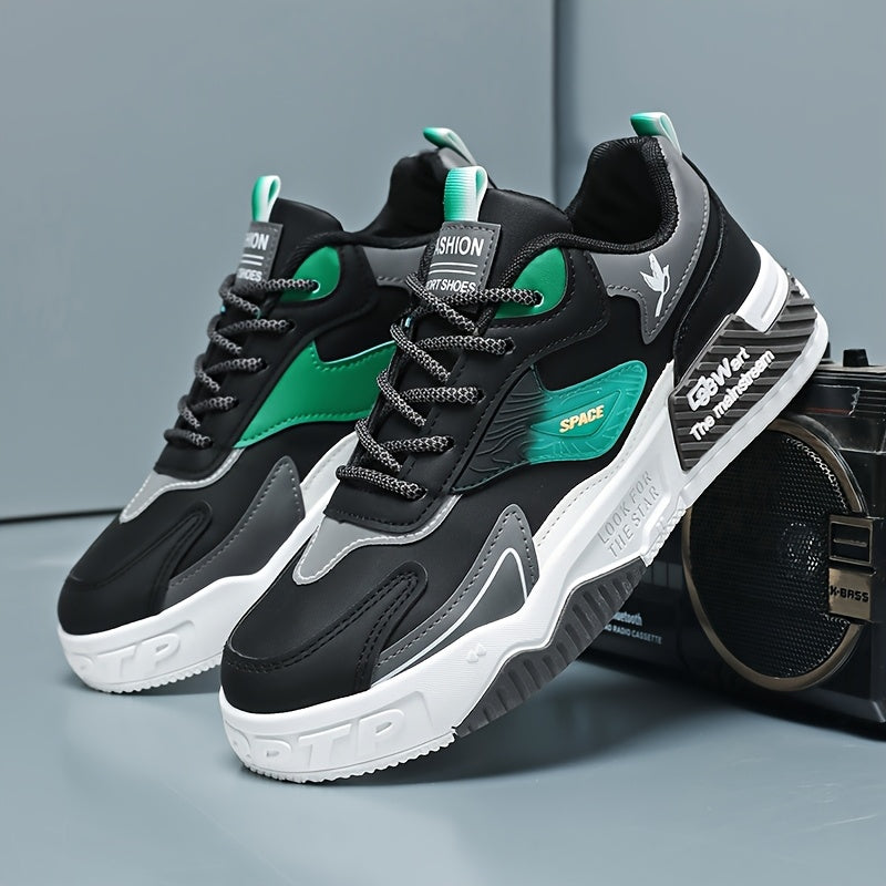 Men's Low-Top Skate Sneakers - Black with Teal Accents, PU Upper & PVC Sole, Slip-Resistant Comfortable Lace-Up Shoes for Urban Streetwear, Outdoor Sports, All-Season Casual Wear, Skate Shoes, Modern Street Style, Durable Fab