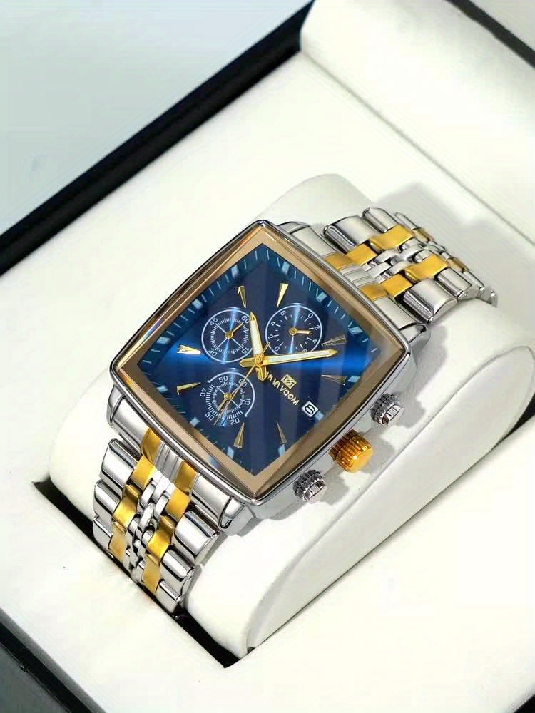 VA VA VOOM Brand New Arrival 1pc Fashionable Golden & Blue & Silveryy & Black Stainless Steel Strap, Oversized Square Dial, Multifunctional Six Needle Three Eyes, with Calendar Window, Luminous Function, High-Quality Fashiona