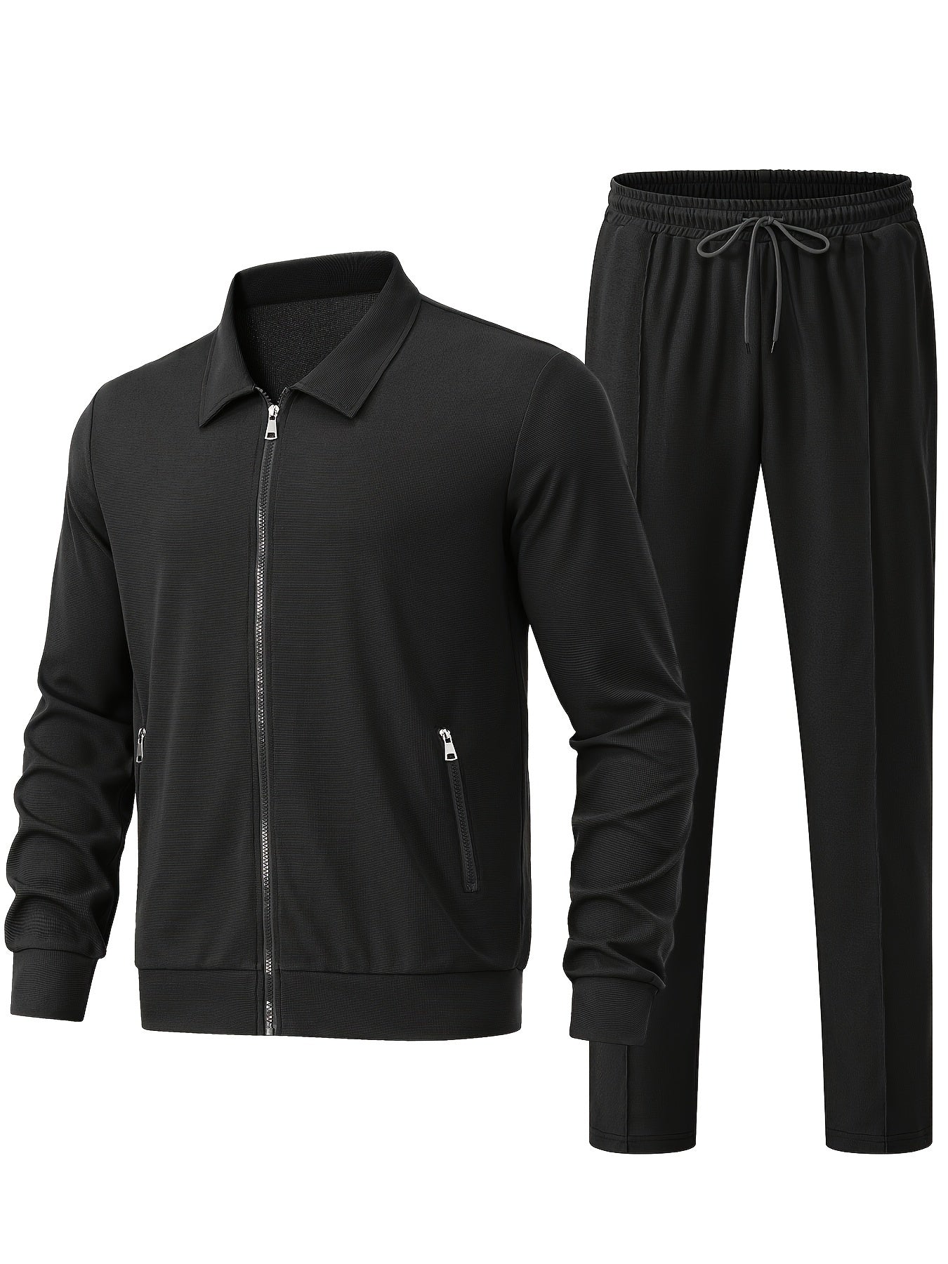 Men's Solid Waffle 2pcs Athletic Outfits, Zip-up Jacket & Pants co ord set for Outdoor Sports