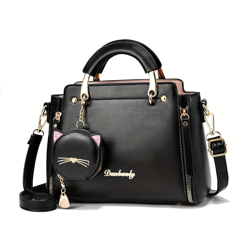 Women'S Fashion Cat Head Handbag, 2025 Trendy Shoulder Bag with Zipper Closure, Polyester Lined, Painted Edges, Versatile Solid Color - White, Red, Black, Pink, Khaki, Grey, Blue, Green, Purple, Light Blue