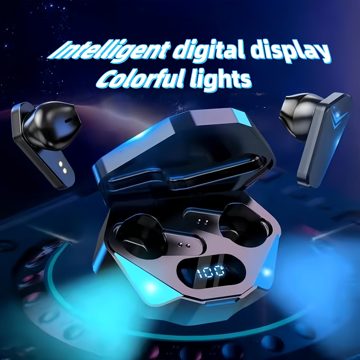Bluetours X15 Wireless Earbuds with Colorful LED Lights - Intelligent Digital Display, Extended Playtime, Clear Call Quality, Low Latency, Ideal for Gaming & Outdoor Use - No Charger Included, Gaming Headphones | LED Light Ea