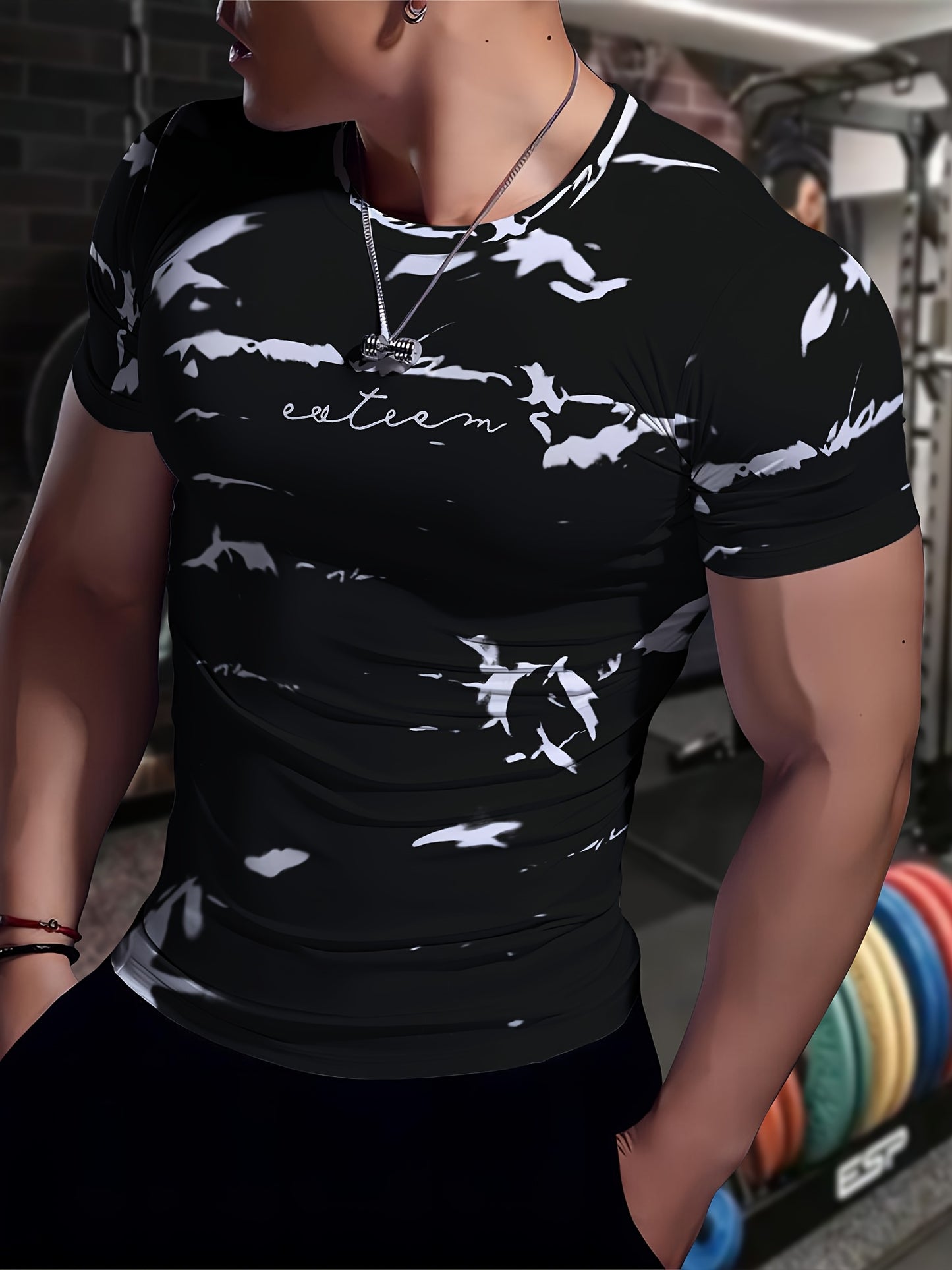 Men's High-Elasticity Anti-Tear Graffiti T-Shirt - Black & White Geometric Print, Tight-Fit Athletic Top for Gym, Running, Yoga & Casual Summer Wear, Gym Clothes, Highelastic Polyester, Short Sleeve Design