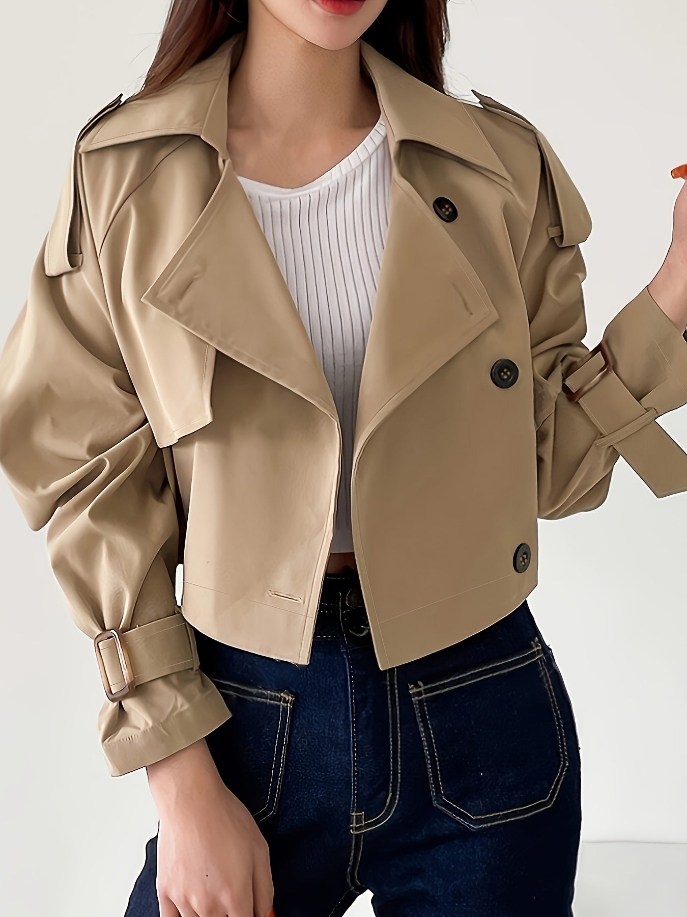 Buckle Cuff Lapel Neck Trench Coat, Stylish Solid Color Crop Long Sleeve Coat For Spring & Fall, Women's Clothing