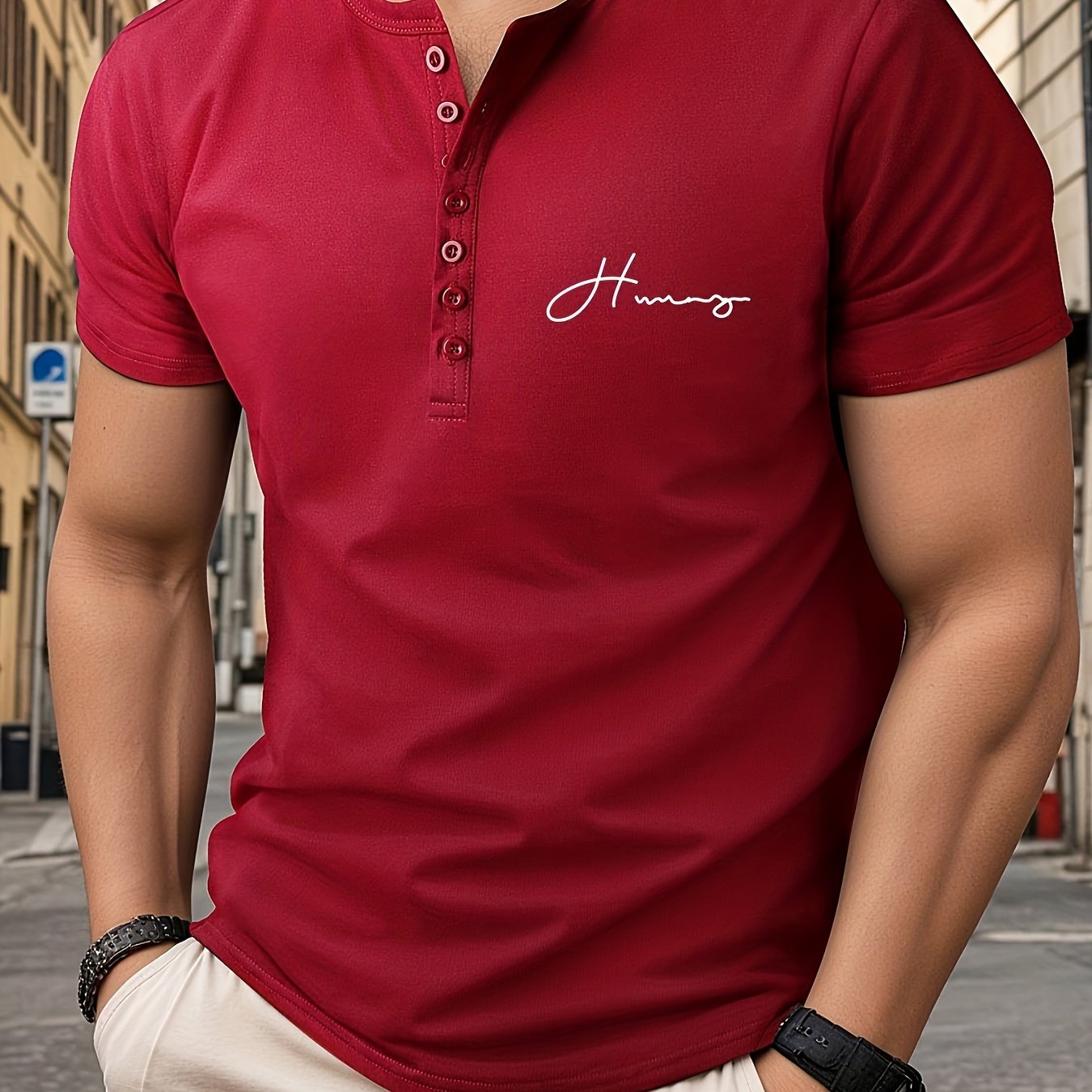 Trendy Letters Print Men's Athletic V-Neck Henley T-Shirt - Short Sleeve Casual Workout Top For Spring Summer Fitness Holiday