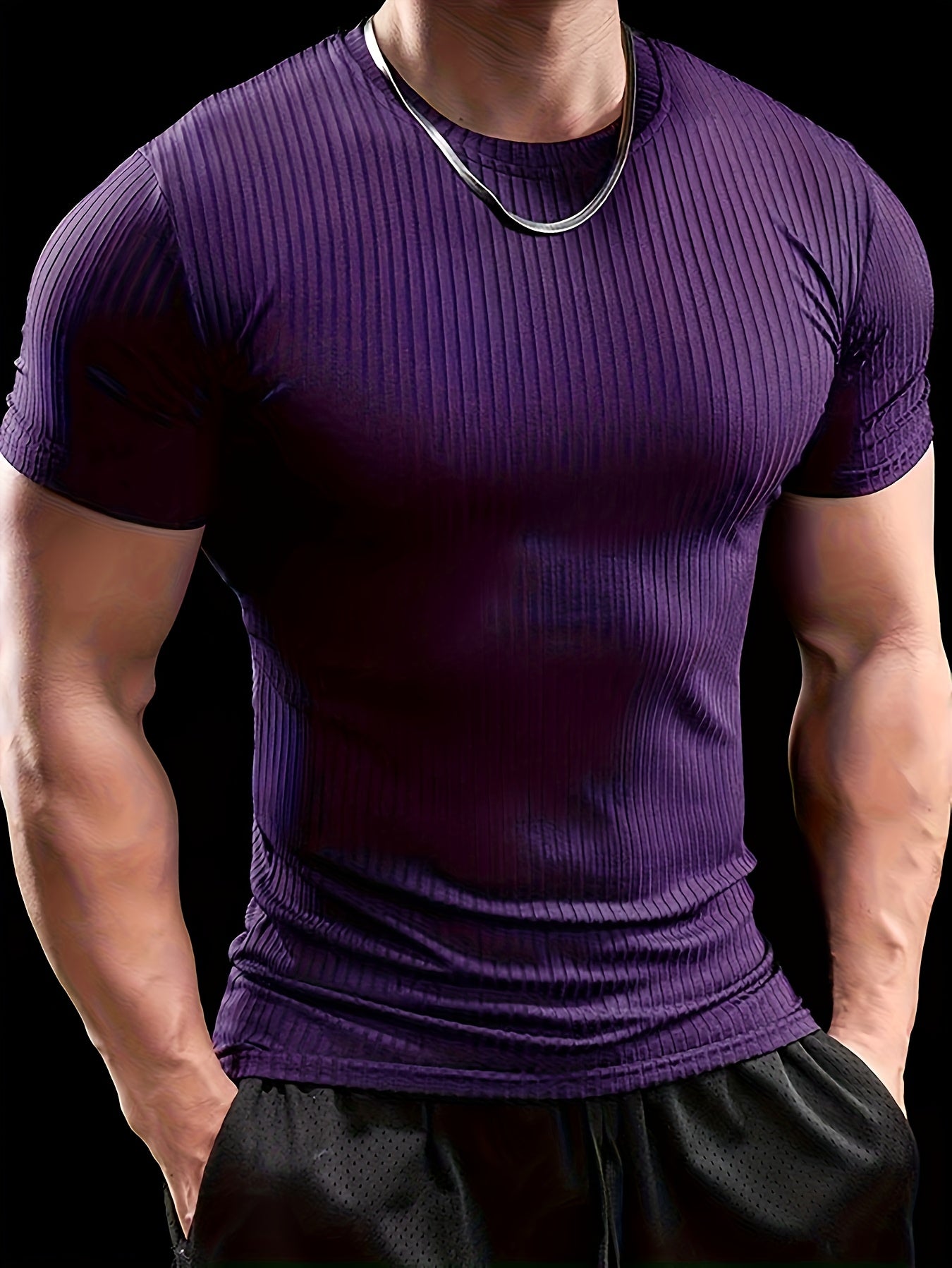 Men's Slim Fit Ribbed Short Sleeve T-Shirt - Stretchy Athletic & Casual Wear, Green, Round Neck, Machine Washable, Muscle-Enhancing Design, Gym Shirts