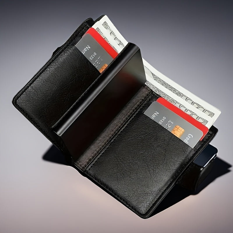 Men'S Short Wallet, Automatic Pop-Up Credit Card Holder, Short Wallet, Ideal Gift for Men, Multi-Functional Men'S Card Holder, Stylish, Trendy, Minimalist Credit Card Holder, Pop-Up Card Holder, High-Quality Faux Leather, Cap