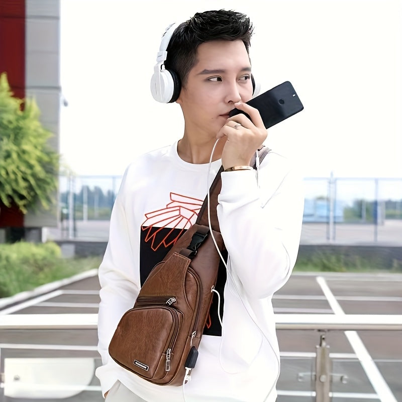 2025 New Men'S Fashion Chest Bag - Soft Faux Leather Anti-Theft Crossbody Bag with Multiple Compartments, Adjustable Strap & Zipper Closure for Gym, Travel, Casual Outings (Brown), Secure Travel Pouch, Textured Finish