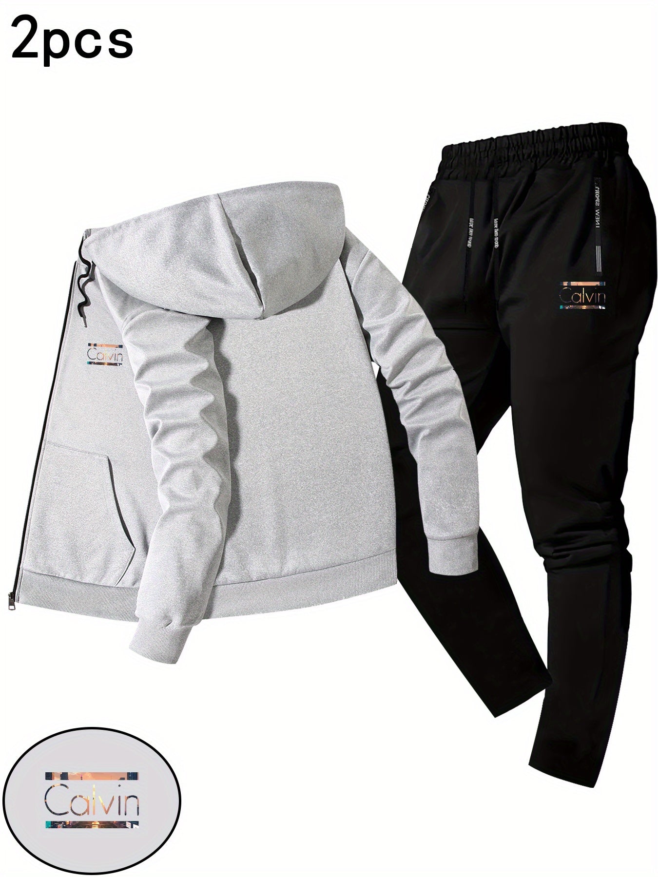 Men'S Trendy Fall/Winter Hooded Jacket Two-Piece Set Calvin Print, Casual Youth Casual Sports Jacket Set