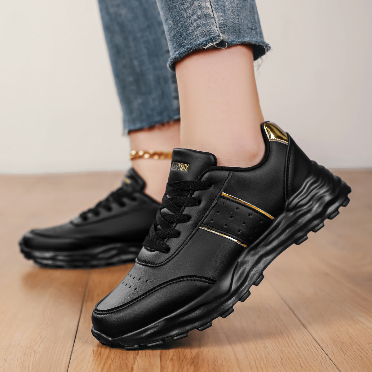 DJSUNNYMIX Women's Casual Running Shoes with Golden Glitter Accents - Lightweight EVA Sole, Breathable Fabric Lining, Low-Top Lace-Up Design for All-Season Comfort & Style, Sporty Footwear | Flexible Footwear