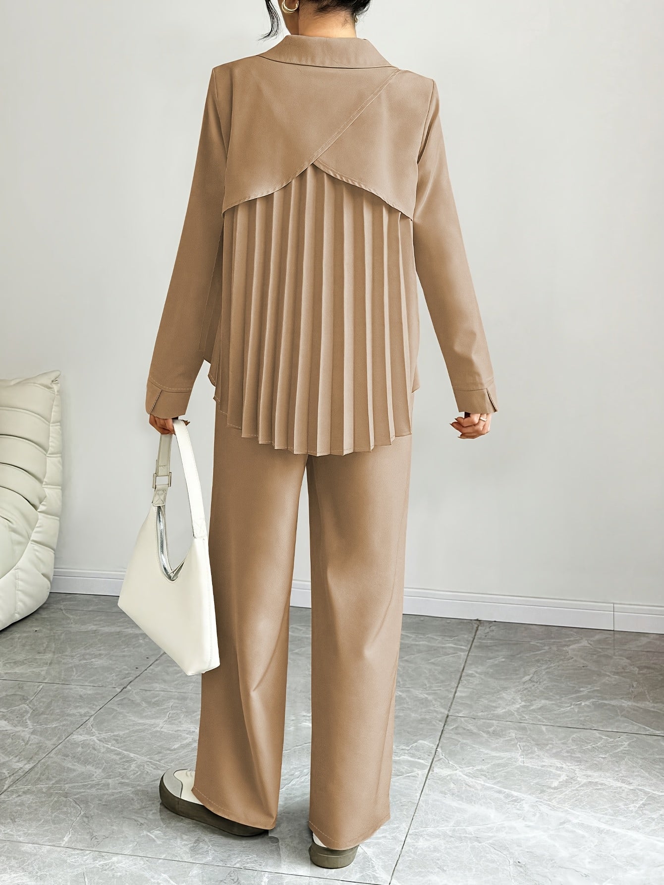 Women's Solid Color Pleated Long Sleeve Shirt + Pants Set for Spring and Autumn