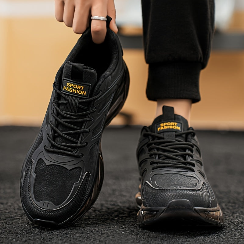 Men's Casual Sneakers - Breathable Low-Top Lace-Up Design, Durable PU Upper & Cushioned PVC Sole for All-Season Comfort - Black with Yellow Accents - Ideal for Running, Hiking, Daily Wear, Hiking Footwear, Stylish Contrast Ac