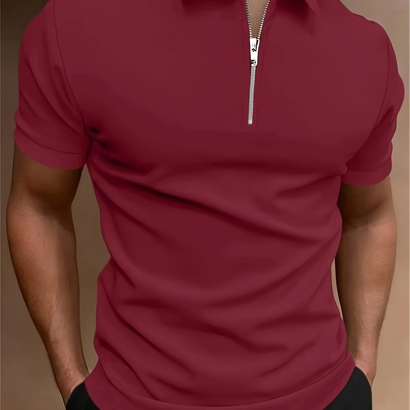 Casual Stretch Men's Solid Color Zipper Lapel Golf Shirt, Male Summer Streetwear