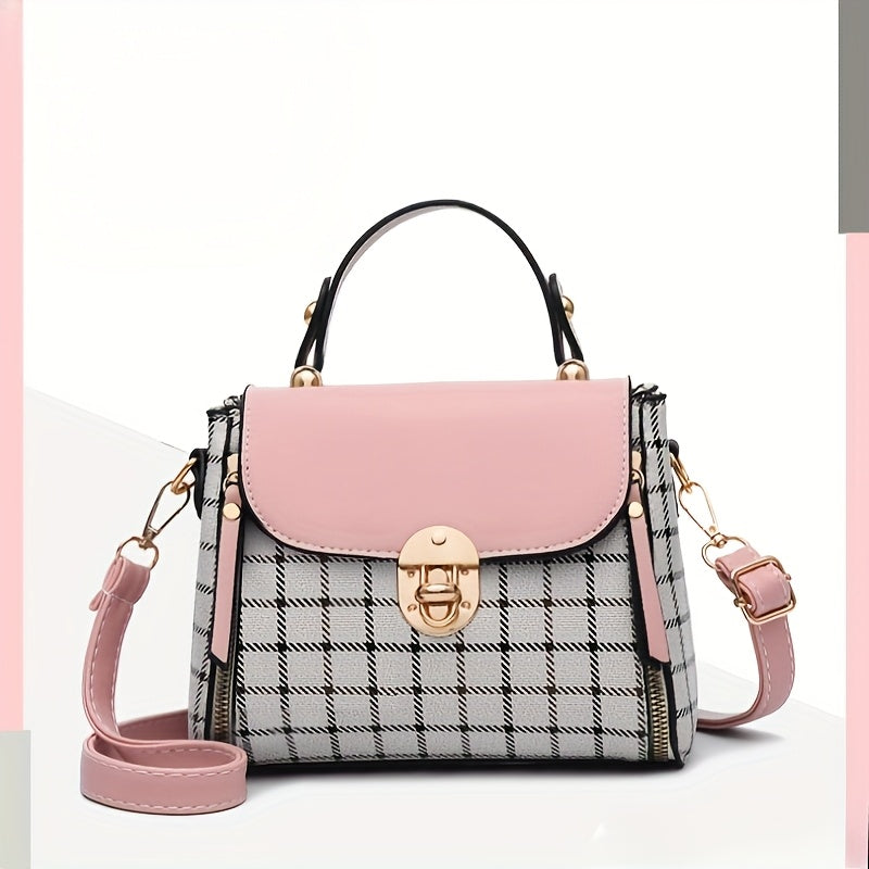 Women'S Vintage Plaid Crossbody Bag with Detachable Shoulder Strap, Zipper Closure, Polyester Lining & Edge Paint - Pink & Black Checkered Design, Perfect for Teens & Women, Ideal Gift for Birthdays, Anniversaries, Valentine'