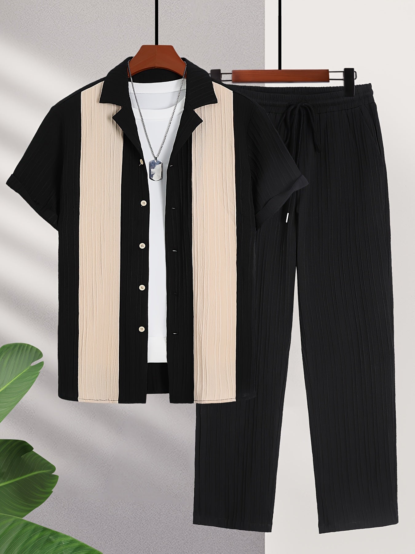 Men'S Color Block French Stripe Short Sleeve Shirt and Pants Set - Casual Button-Up Blazer with White Stripes, Dark Green Pants, Regular Fit for Casual Attire, Versatile Menswear | French Stripe Design | Nonstretch Fabric