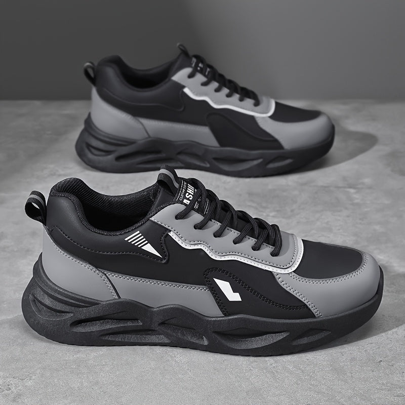 Men's Retro Sporty Casual Sneakers - Low-Top Breathable PU Upper, Cushioned EVA Insole & Durable PVC Outsole - All-Season Comfort for Daily Wear, Running & Casual Outings - Black