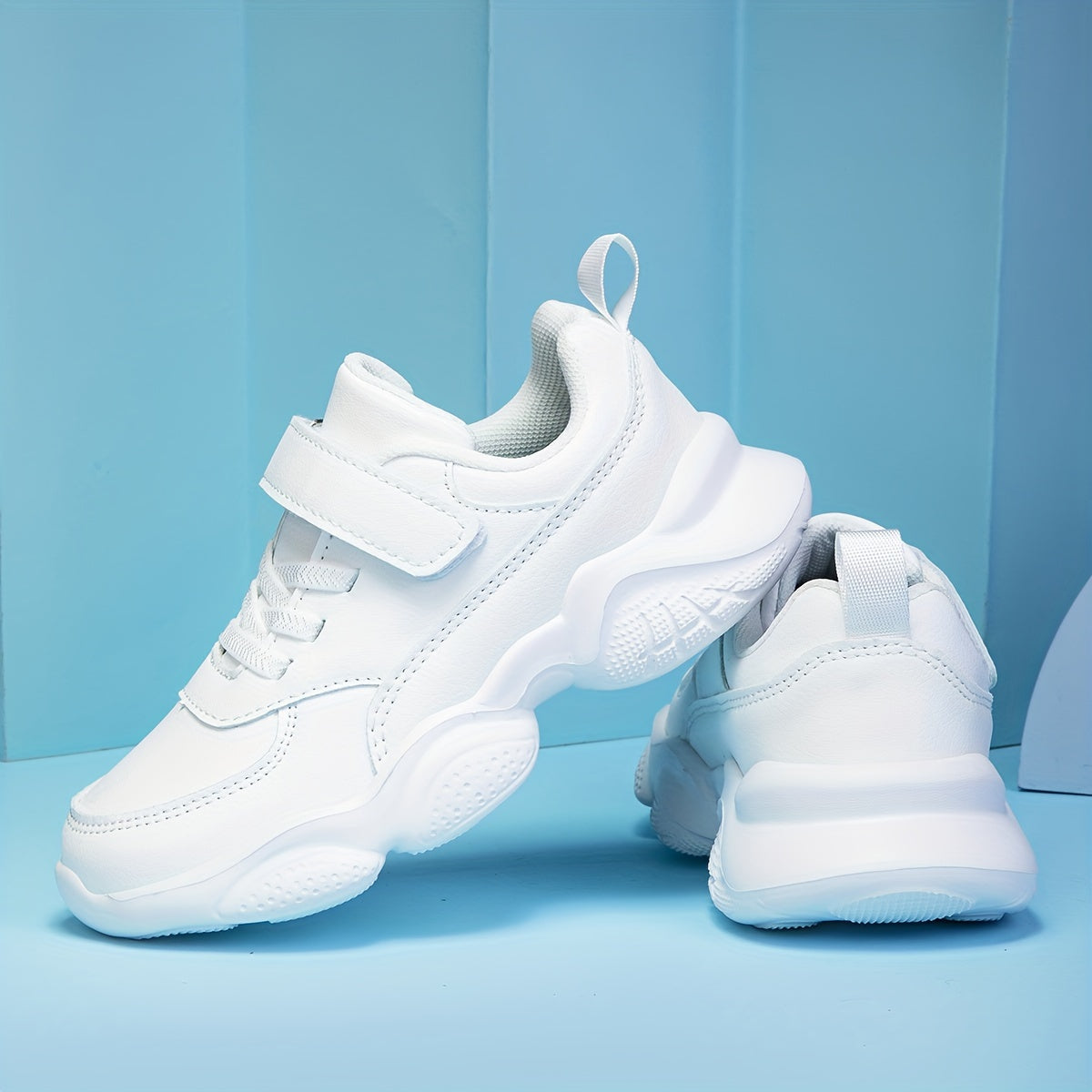 Youngsters' White Chunky Sneakers - Adjustable Hook-and-loop Fastener Strap, Easy Slip-On, Non-Slip EVA Sole, Comfortable Lining, Versatile for School and Sports, All-Season Wear, School Sneakers|Trendy Chunky Sneakers|Durabl