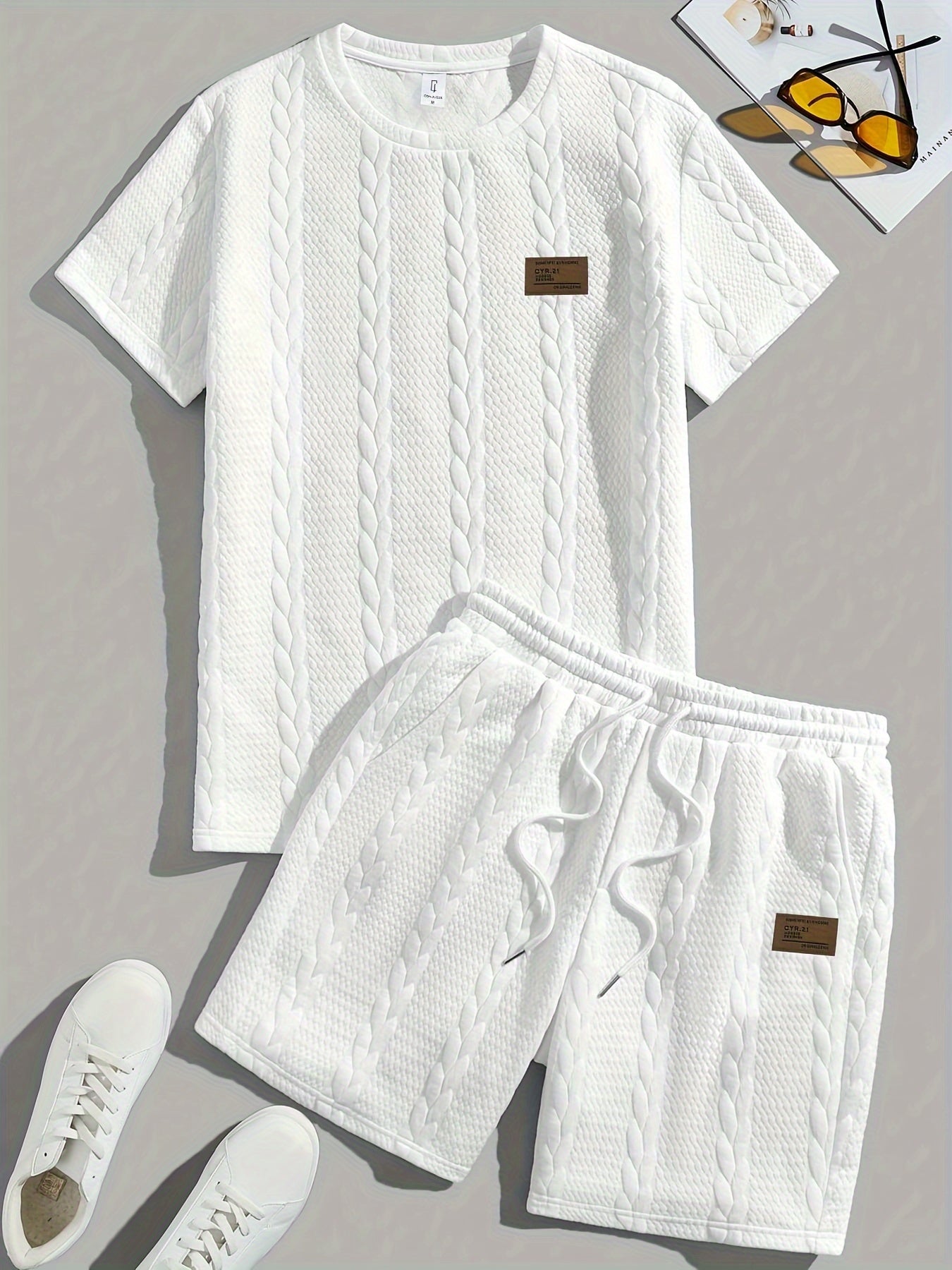 Casual Crew Neck Short Sleeve T-Shirt & Drawstring Shorts - Brown, Summer Outfit