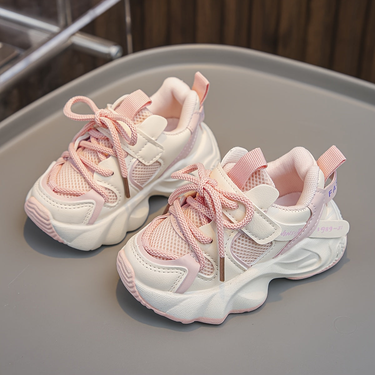 Youngsters' Breathable Mesh Sneakers with Closure - Soft EVA Sole Low-Top Casual Shoes for Youngsters & Youngsters, Lightweight All-Season Comfort, Round Toe Design (Black/White, Pink/Beige, Beige/White), Kid Shoes