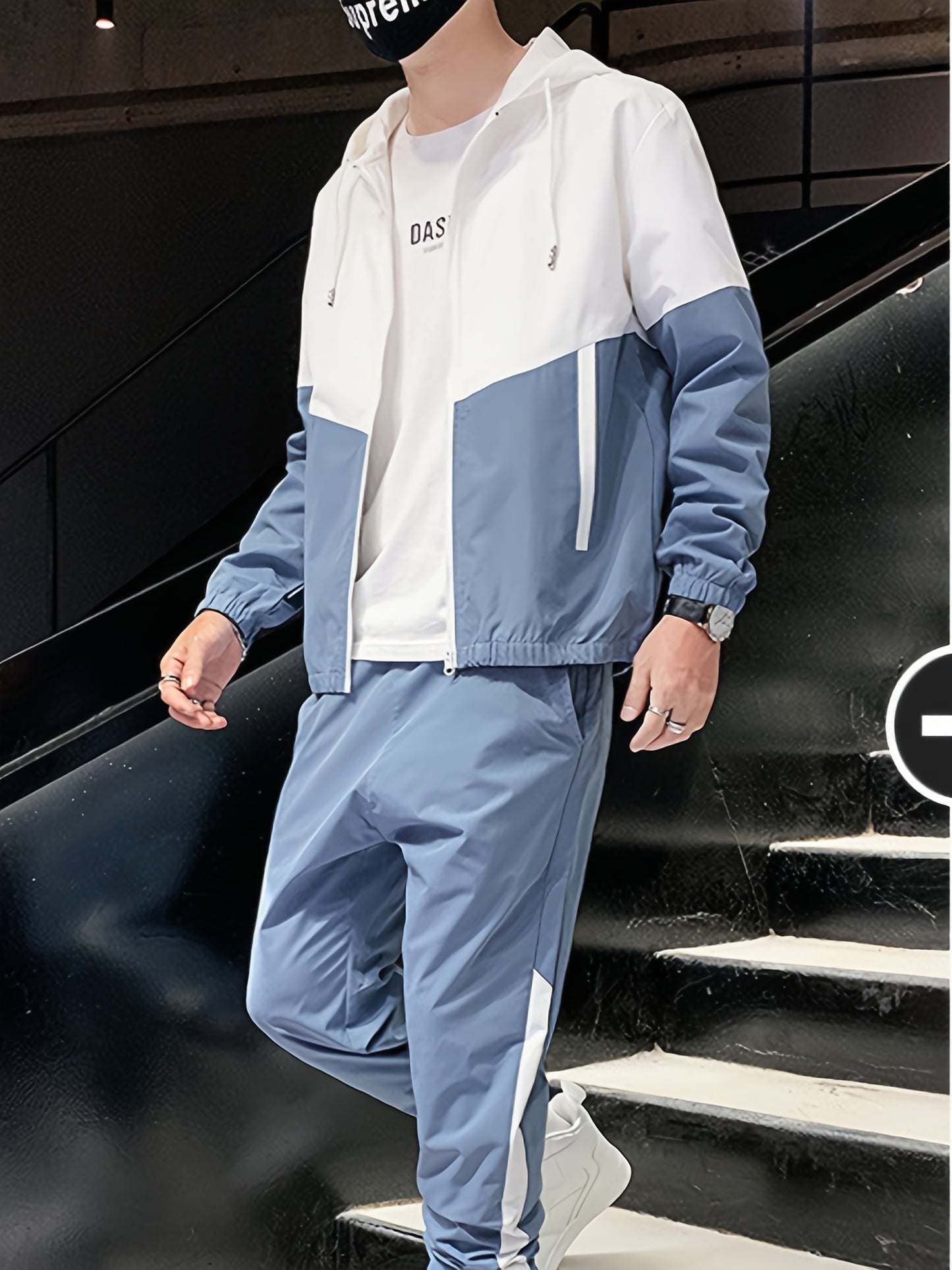 Men's Spring Autumn Outdoor Sports Training Casual Color Block Stitched Hoodie Adjustable Set Home Top and Pants Fashionable Windproof Jacket Pants Two-Piece Suit