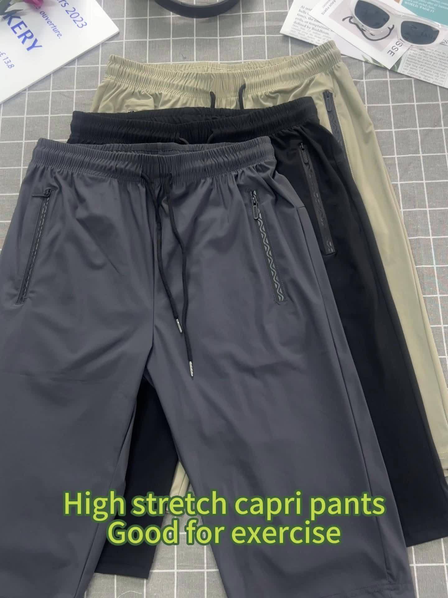 Men'S Summer Capri Pants Made from Highly Elastic Fabric, Featuring a Stylish Drawstring Elastic Waistband And Zip Pockets, Suitable for Casual Sports, Outdoor Activities, And Everyday Wear.