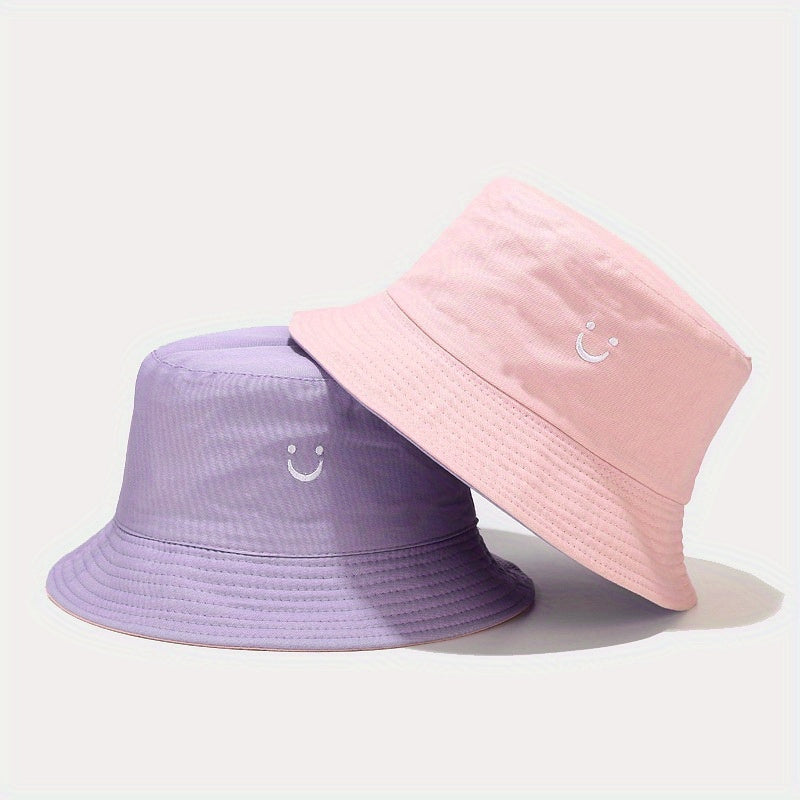 Unisex Black & White Fisherman Hat with joyful Face Embroidery - Double-Sided, Sporty Polyester Bucket Hat for Men and Women, Ideal for Outdoor Activities, Outdoor Hat | joyful Face Embroidery | Durable Headgear