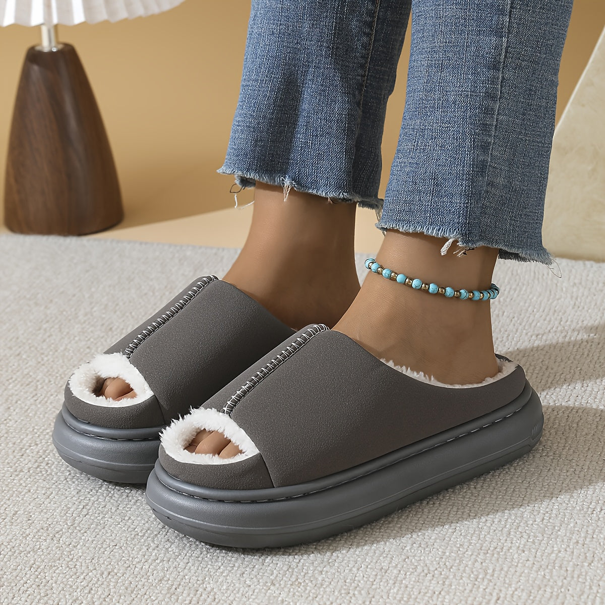 Women's Plush Slip-On House Shoes - Soft Open-Toe Indoor Slippers, Non-Slip Cushioned EVA Sole, All-Season Cozy Lounge Footwear Black/Gray/Beige/Pink/White - Elegant Home Decor Gift for Women, Simple Design, Durable Sole