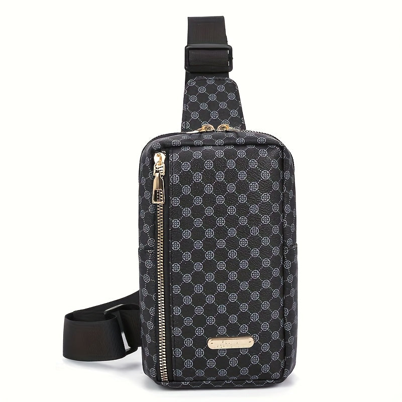 Men'S Classic Black PU Crossbody Bag with Geometric Pattern, Key Holder, Zipper Closure, Polyester Lining, Urban Style, Commuter Bag|Geometric Pattern Bag|Zippered Closure Bag