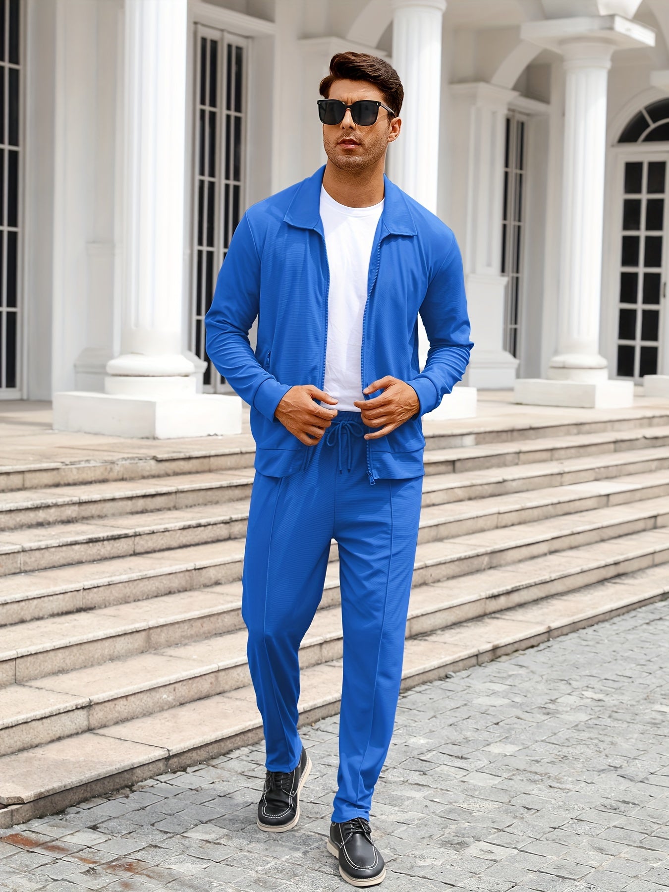 Men's Solid Waffle 2pcs Athletic Outfits, Zip-up Jacket & Pants co ord set for Outdoor Sports