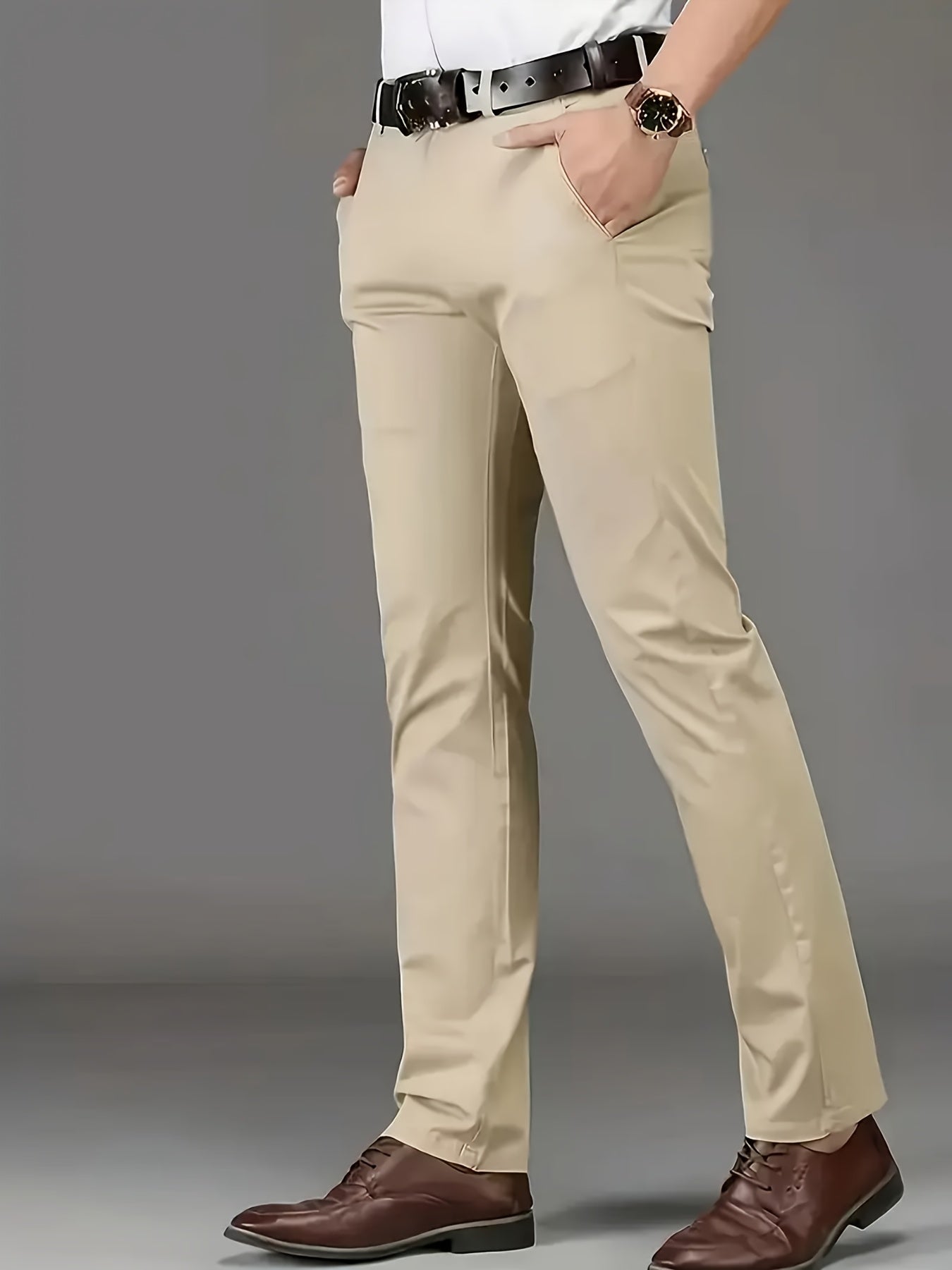 Men's Classic Business Dress Pants, Solid Color Casual Trousers, 100% Polyester, Regular Fit, with Zipper Fly, for Daily Wear and Gifting, All-Season, Allseason Trousers | Notch Lapel Design | Polyester Trousers