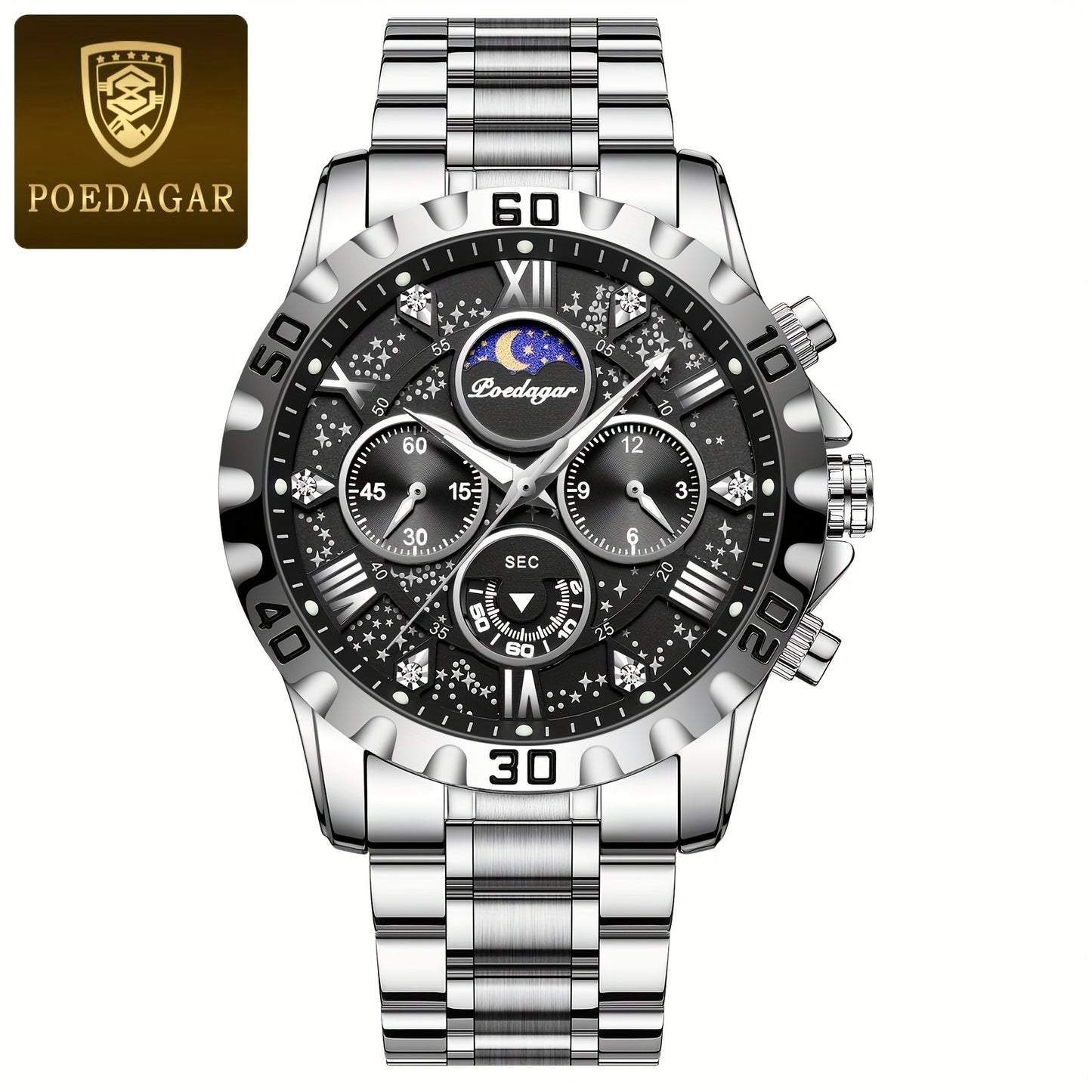 POEDAGAR Men'S Luxury Stainless Steel Quartz Watch with Moon Phase and Calendar - Waterproof, Night-Glow Hands, and Detailed Dial for Business and Formal Attire, Formal Watch | Detailed Watch Face | Quartz Movement