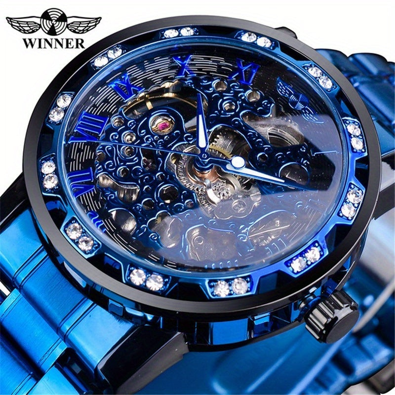 Fashion Classic Roma Watch Men Luxury Golden Skeleton Mechanical Hand Watches Casual Business Wristwatches Men Blue & Golden Accents, Casual Yet Versatile, Best Seller, Ideal Gift, Mechanical Movement, Watch Accessories, With