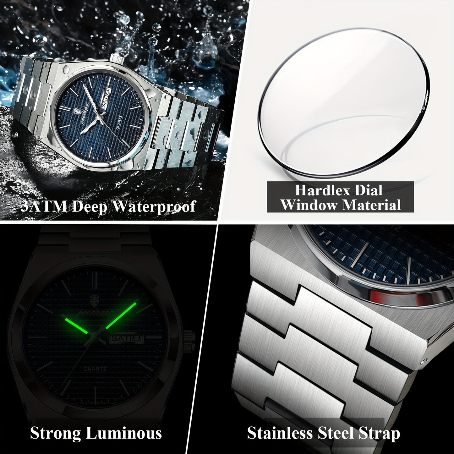 POEDAGAR Elegant Women'S Quartz Watch, Luminous Calendar, Stainless Steel Band, Round Alloy Case, Fashionable Night-Glowing Dial with Blue & Orange Accents