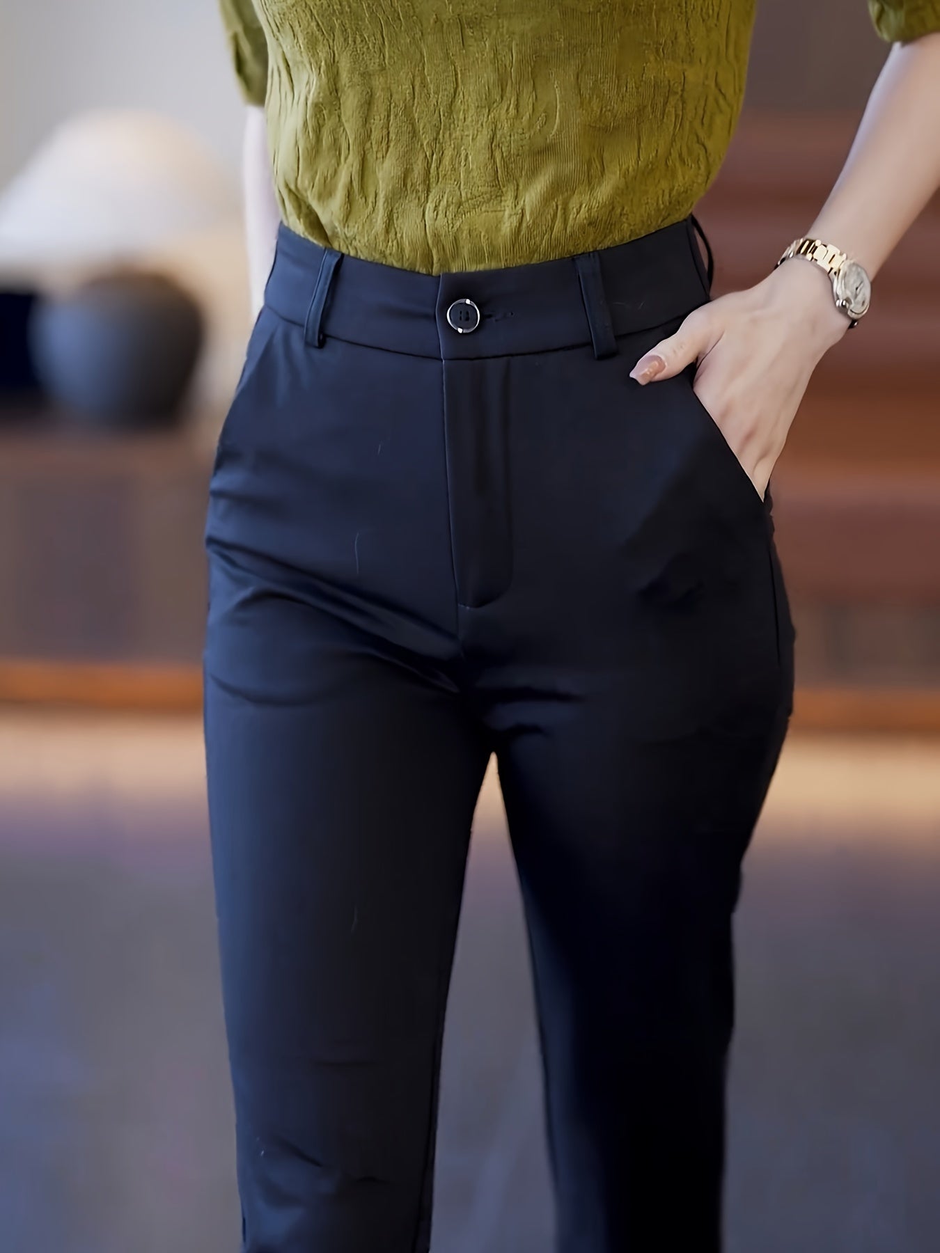 Women's High-Waist Straight-Leg Suit Pants - Navy Blue, Stretchy & Comfortable Nylon Blend, Slim Fit Professional Work Trousers with Pockets, Machine Washable, Versatile for Casual or Office Wear