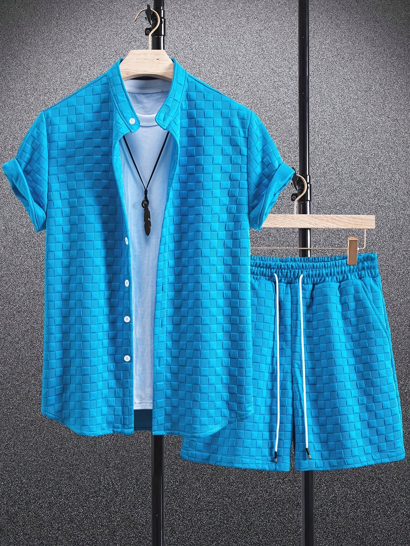 Men'S Casual Athletic Short Sleeve Shirt & Drawstring Shorts Set - Navy Blue, Lightweight Polyester, Perfect for Beach, Camping, and Outdoor Activities, Beach Attire | Stylish Casualwear | Lightweight Fabric