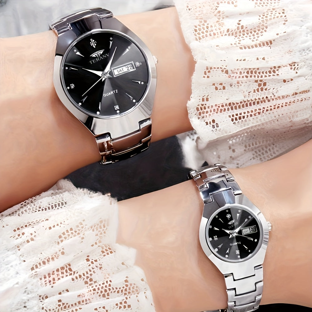 2pcs Couple Watches for Men & Women - Stainless Steel Strap, Rhinestone Accents, Luminous HD Display with Week Calendar, Quartz Movement, Elegant Gift for Valentine's Day, Mother's Day, Father's Day, Special Occasion Watch |