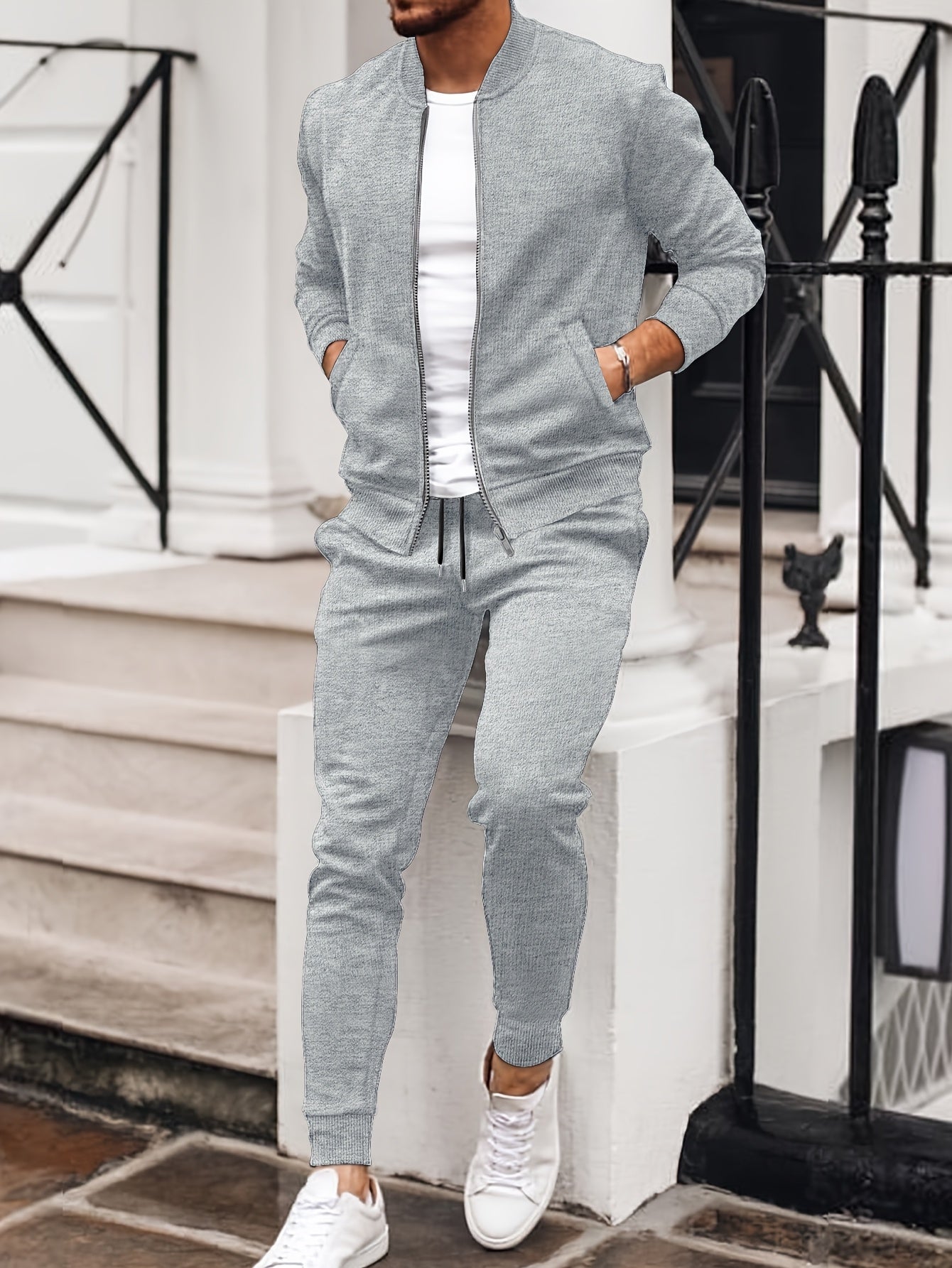 Men'S Casual Polyester Sweatsuit Set with Baseball Collar and Slight Stretch - Solid Color Long Sleeve Knit Fabric Track Suit for Fall/Winter
