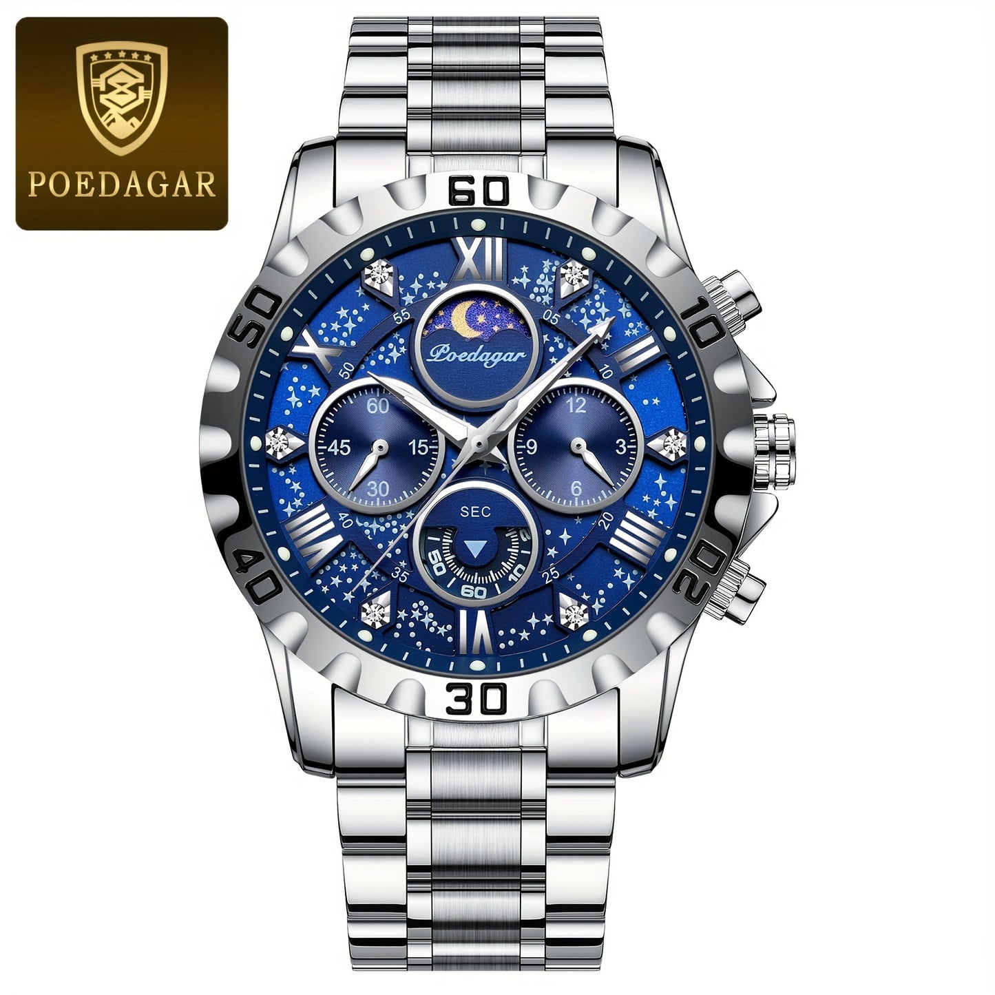 POEDAGAR Men'S Luxury Stainless Steel Quartz Watch with Moon Phase and Calendar - Waterproof, Night-Glow Hands, and Detailed Dial for Business and Formal Attire, Formal Watch | Detailed Watch Face | Quartz Movement