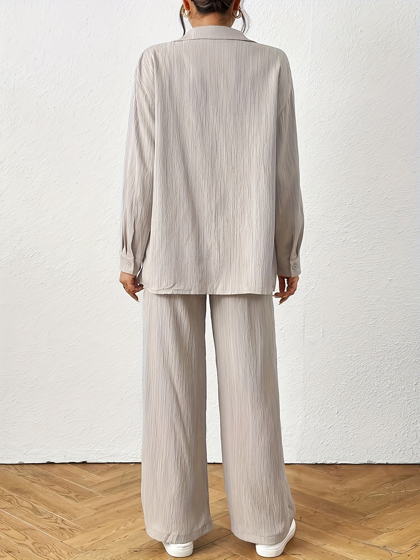 2pcs Women Spring & Autumn Casual Solid Color Long Sleeve Shirt And Pants Set