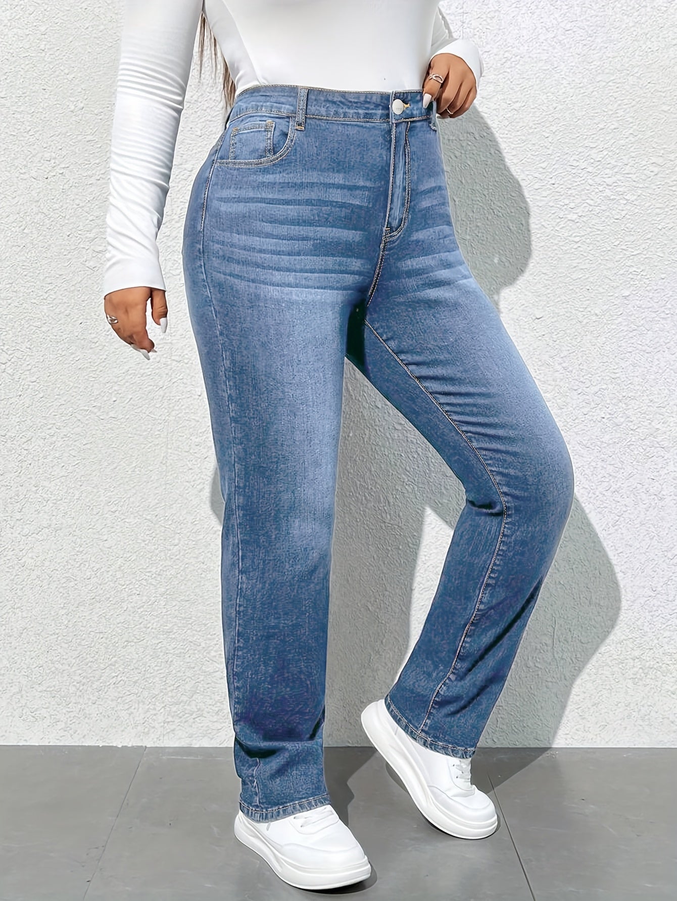 Women'S High-Waisted Straight Leg Jeans, 68.5% 25.7% Polyester 4.3% Viscose 1.5% Elastane, Casual Skinny Fit Denim Pants with Zipper Fly, All-Season Solid Color, 300g/m² Fabric Weight, Long Length - No Belt Required