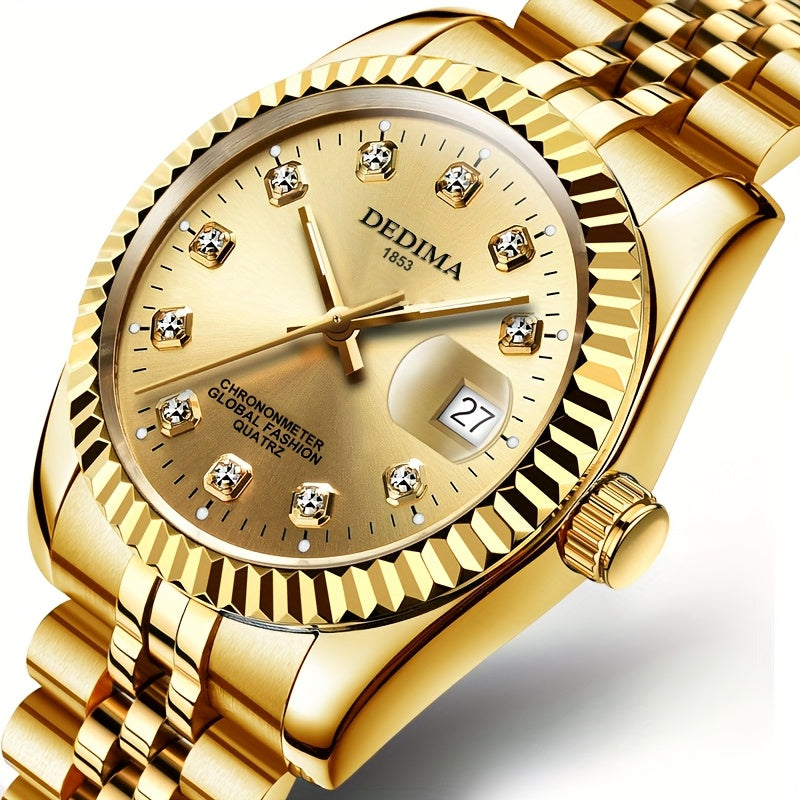 DEDIMA Elegant Stainless Steel Band Calendar Watch, Quartz Movement, Round Dial with Rhinestones, Battery-Powered, Non-Rechargeable Button Battery, Regular Cleaning, for Men, Women, Students, Christmas, Valentine'S Day, Thank