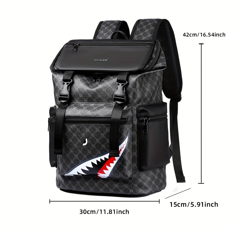 Men'S Stylish Black Backpack with Shark Graphic - Lightweight, Large Capacity, Multi-Functional Shoulder Bag for Travel, Commuting, School - Durable PVC Material, Sports & Fitness Design, Backpack for Travel