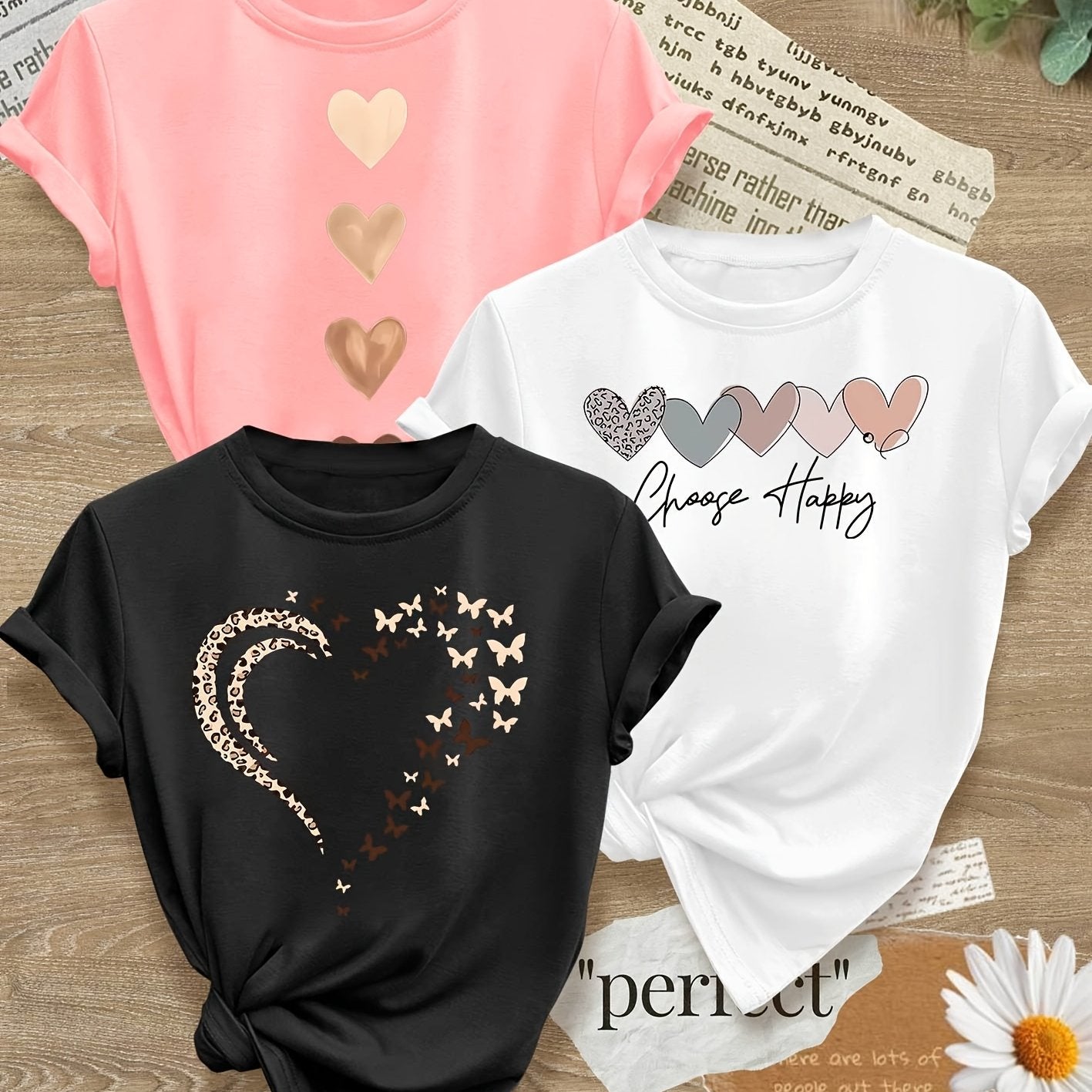Leopard Print Small Butterfly Love Hearts in Pairs with English Letter Pattern Printed Fashion Retro Style Women's Spring, Autumn and Winter Casual Sports Top Round Neck Short Sleeve T-shirt 3pcs Combination Pack Family Pack