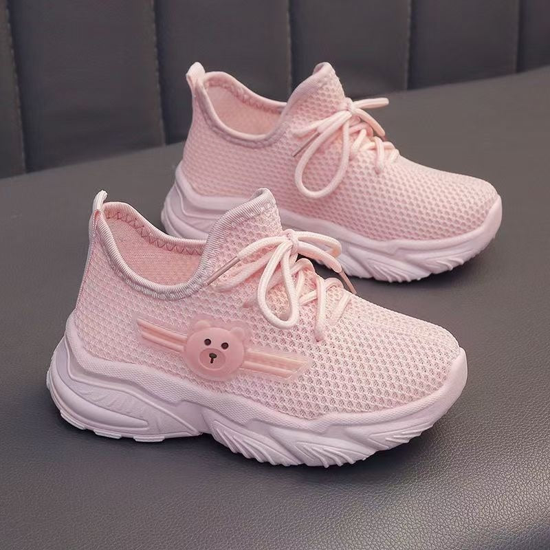 Youngsters' Breathable Cartoon Bear Sneakers - Cute Low-Top Lace-Up Shoes for Boys & Girls, Lightweight & Comfortable with Rubber Sole, Animal Print Design, All-Season Wear, Black/Green & Pink/Purple Options, Kid Shoes, Young