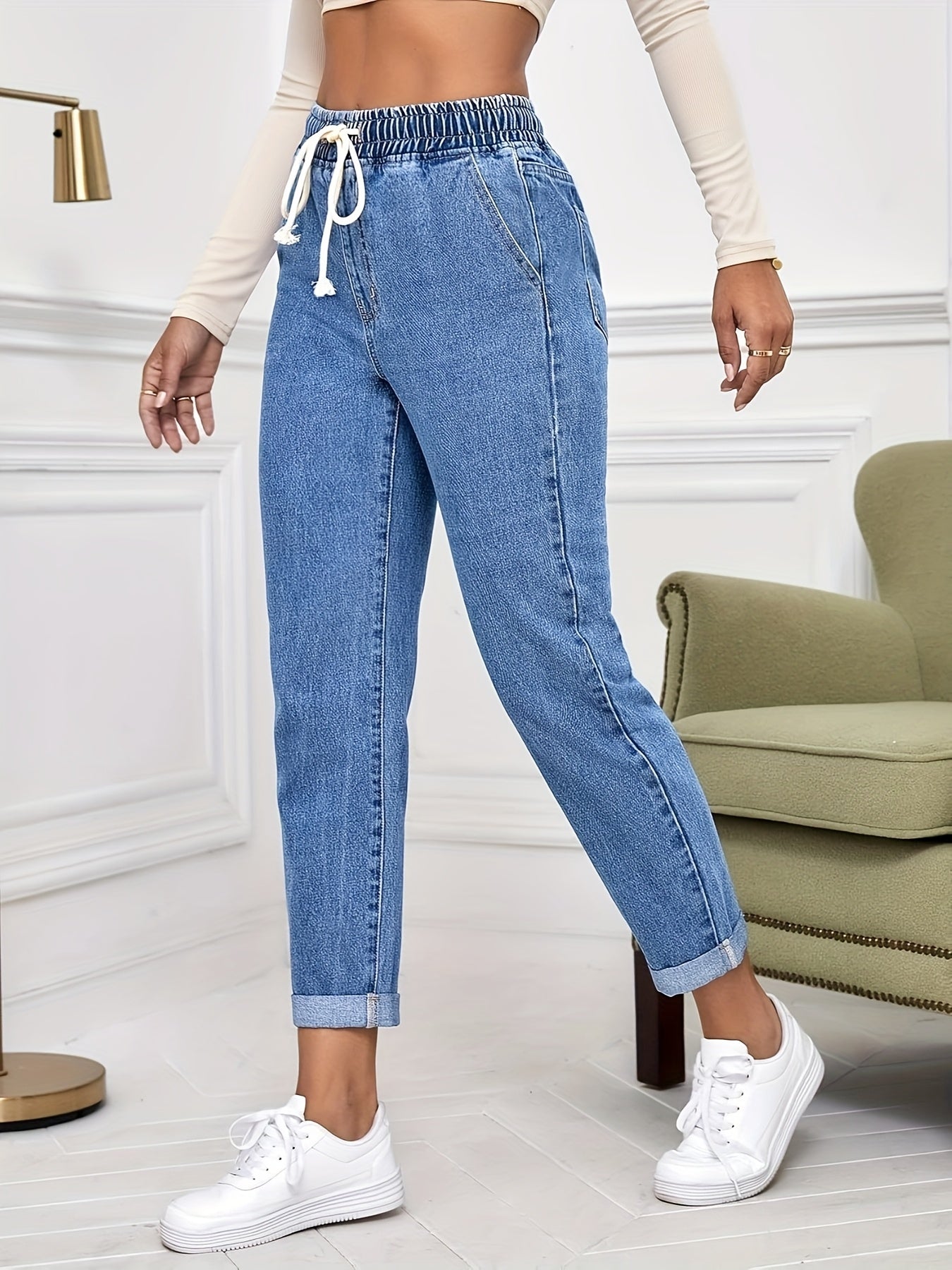Women's Stretch Denim Tapered Jeans with Elastic Waistband & Rolled Cuffs - Light Wash, Mid-Rise, Versatile Casual Style for Spring/Summer/Fall, Casual Denim Wear | Modern Tapered Jeans | Smooth Texture Jeans