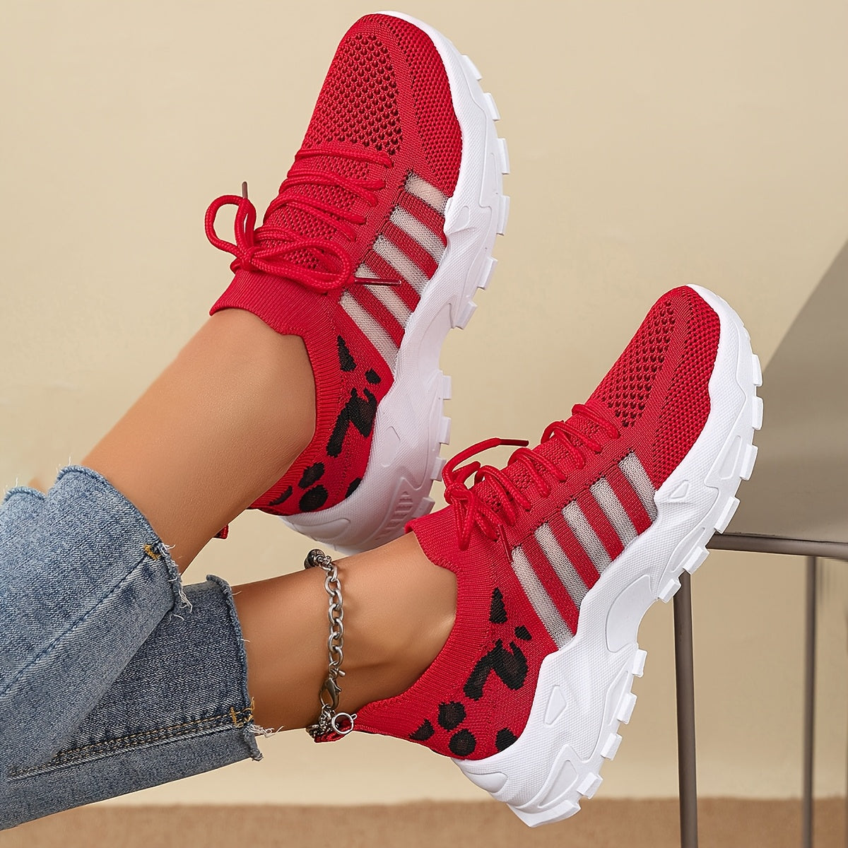 Women's Fashion Leopard Print Lace-Up Sneakers, Breathable Mesh Walking Shoes for Spring/Summer, Lightweight Comfortable Casual Sports Control Footwear with PVC Sole and Microfiber Insole