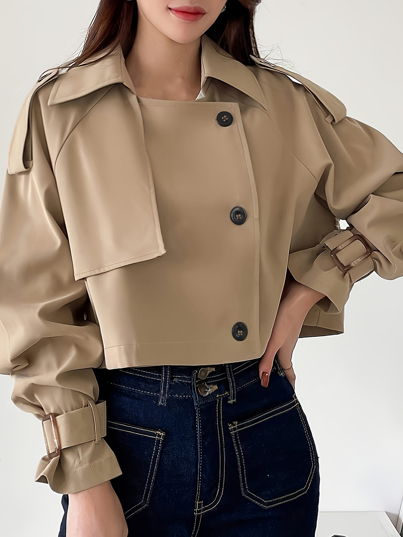 Buckle Cuff Lapel Neck Trench Coat, Stylish Solid Color Crop Long Sleeve Coat For Spring & Fall, Women's Clothing