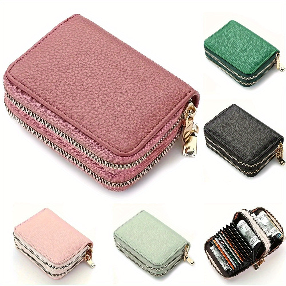 Fashion Double Zipper Wallet, Litchi Pattern Double Layer Short Credit Card Document Bag, Versatile Multicolor Coin Purse