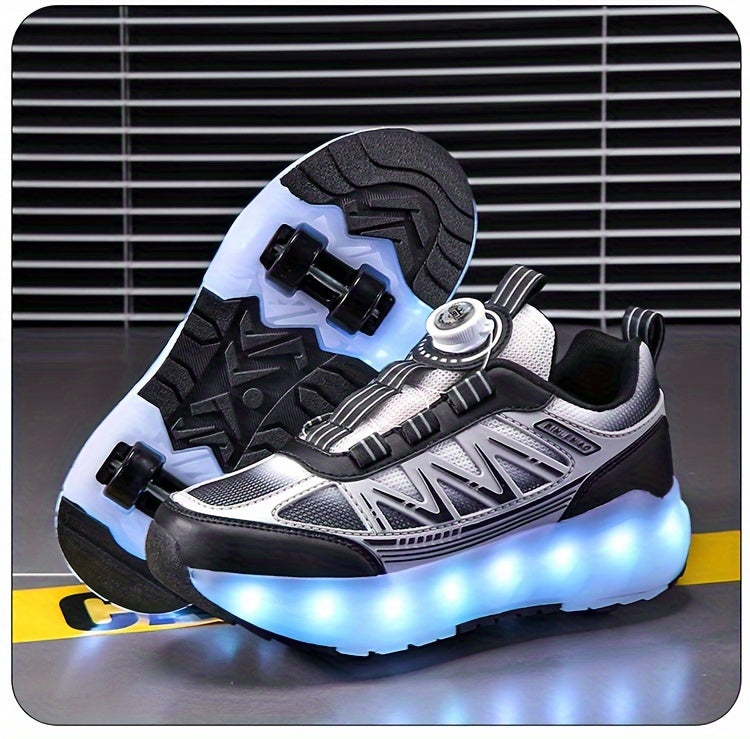 Youth Skate Shoes with LED Lights, Four-Wheel Detachable, Street Fashion, Trendy Style, Random Pattern, All-Season, Sports and Outdoor Scene, Roller Skating, Rotary Buckle Closure, Breathable and Adjustable Brightness, Upper,