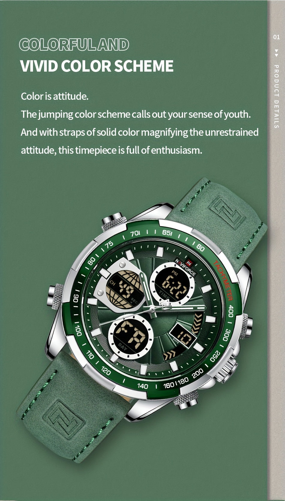 NAVIFORCE Men's Luxury Sports Quartz Watch - Waterproof, Genuine Leather Strap, Dual Display with Date & Chronograph Functions, Case, Green Accents, Luxury Timepiece|Tachymeter Equipped|Genuine Leather Band Valentine's Day